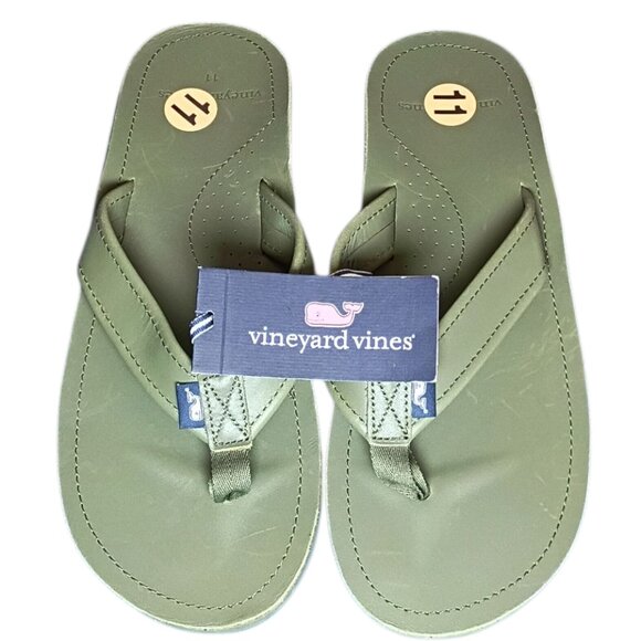 NEW Vineyard Vines Men’s Size 11 Clover Green Leather Contoured Flip Flop Sandal - Picture 1 of 13